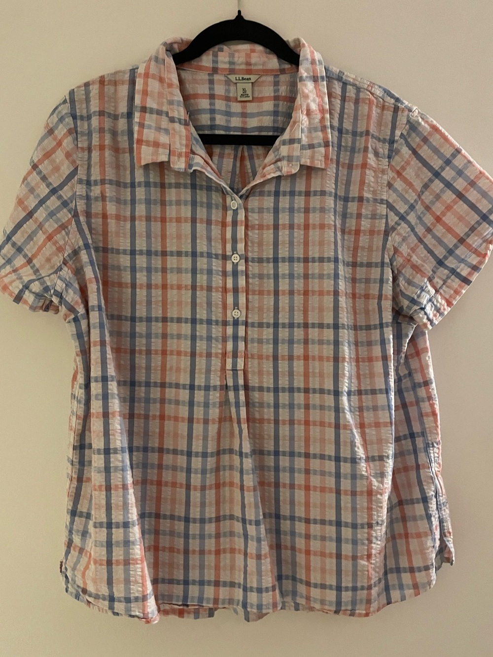 L.L. Bean Women's Vacationland Seersucker Short-Sleeve Popover Plaid Stripe XL